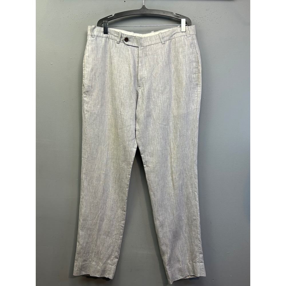 Studio Suits Dress Pants Men 34x32 Gray‎ Bespoke Hand Crafted Linen Flat Front